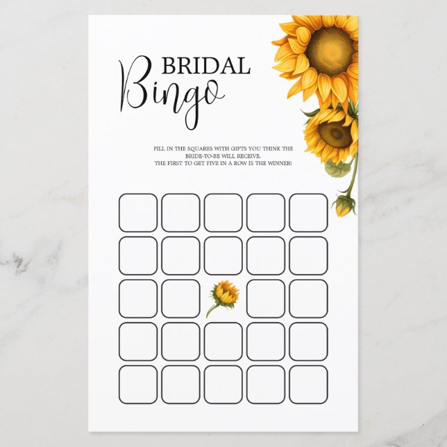 Bright sunflowers Bridal Shower Bingo (Front)