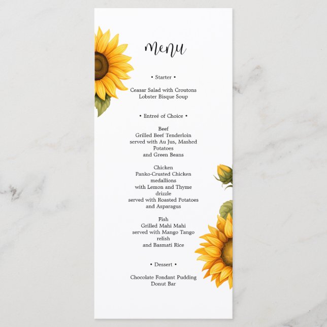 Bright sunflowers Bridal Shower minimalist Menu (Front)