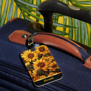 Bright sunflowers in golden sunlight luggage tag