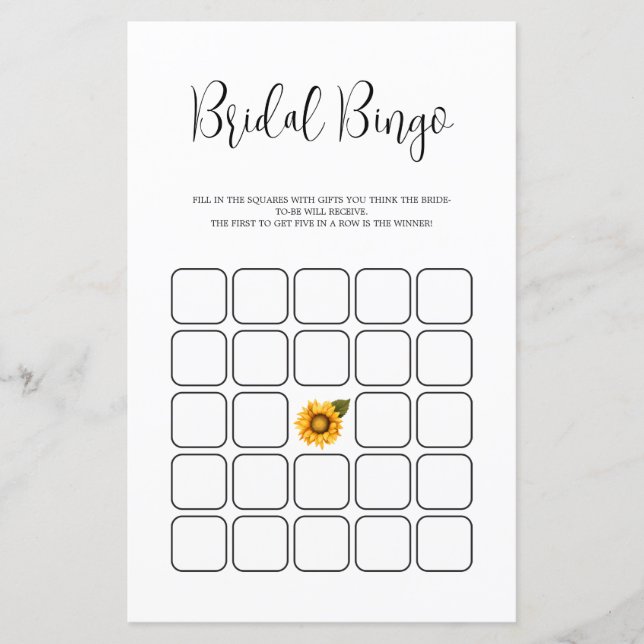 Bright sunflowers minimalist Bridal Shower Bingo (Front)