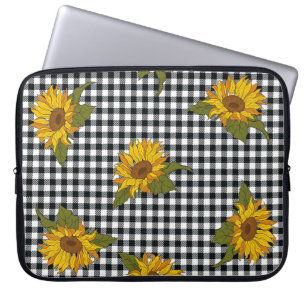 Bright sunflowers on a black and white buffalo che laptop sleeve