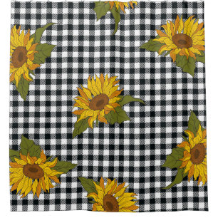 Bright sunflowers on a black and white buffalo che shower curtain