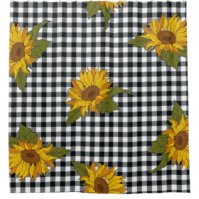 Bright sunflowers on a black and white buffalo che shower curtain (Front)