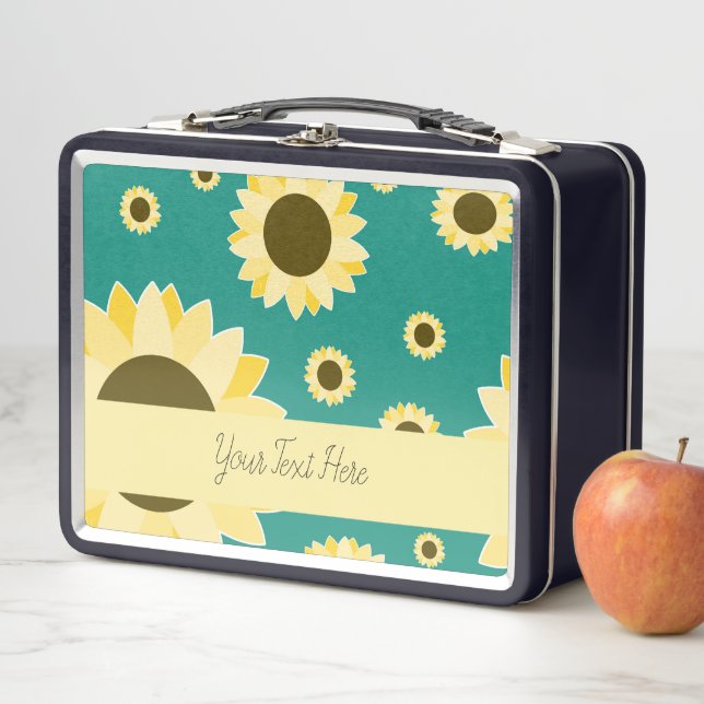 Bright Sunflowers on Green Metal Lunch Box (In Situ)