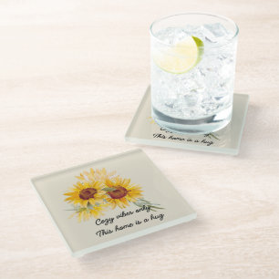 Bright Sunflowers With Cosy Vibes Quote Coaster
