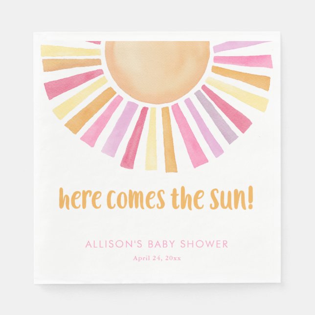 Bright sunshine here comes the sun baby shower napkin (Front)