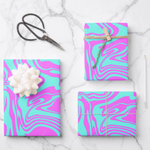 Bright Swirling Abstract Art in Pink & Teal Wrapping Paper Sheet