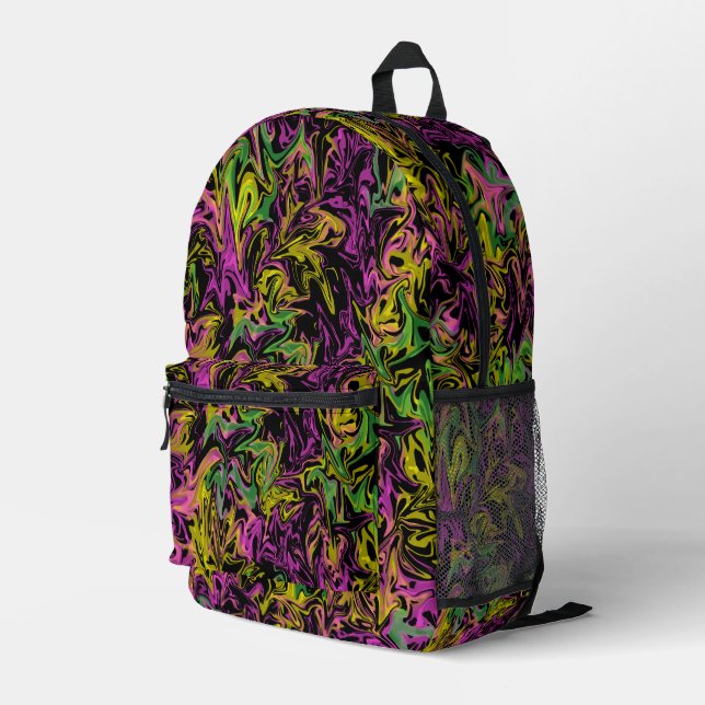 Bright Swirls of Pink Green Yellow Black Abstract Printed Backpack (Back Corner Right)