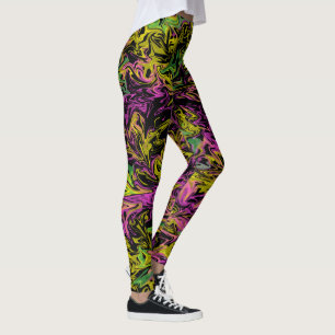 Bright Swirls of Pink Green & Yellow on Black Leggings