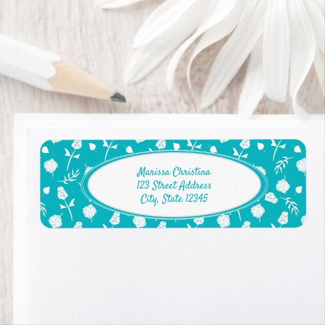 Bright Teal and White Floral Pattern Label (Insitu)