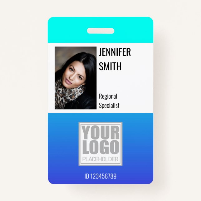 Bright Teal Aqua Ombre Logo Template Employee ID Badge (Front)
