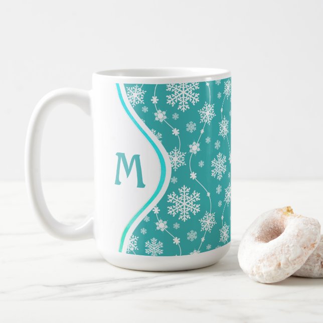 Bright Teal Blue Winter White Snowflake Pattern Coffee Mug (With Donut)