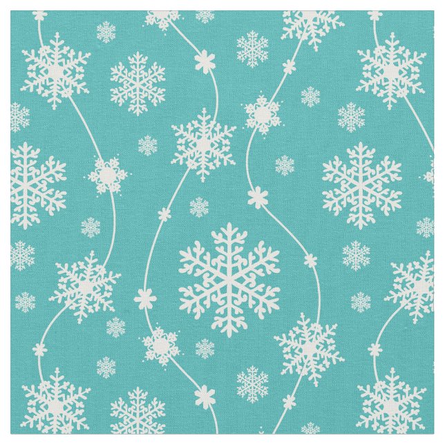 Bright Teal Blue Winter White Snowflake Pattern Fabric (Close Up)