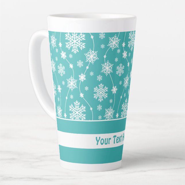 Bright Teal Blue Winter White Snowflake Pattern Latte Mug (Left Angle)