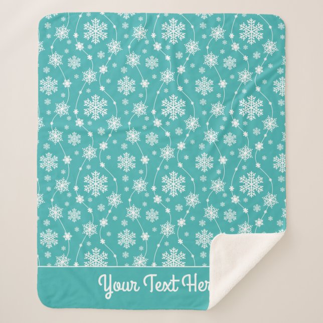 Bright Teal Blue Winter White Snowflake Pattern Sherpa Blanket (Front)
