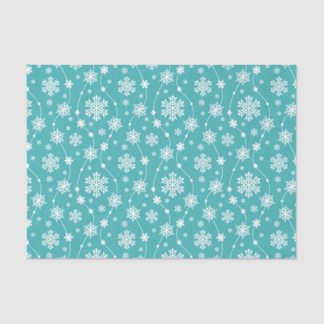 Bright Teal Blue Winter White Snowflake Pattern Tissue Paper (Front)