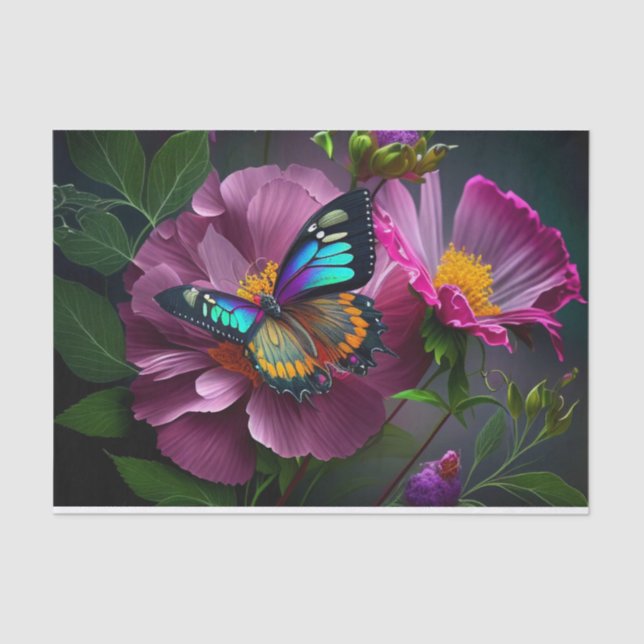 Bright Teal Butterfly Amongst Dark Pink Flowers Tissue Paper (Front)