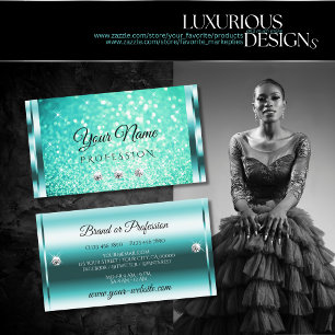 Bright Teal Glitter Luminous Stars Jewels Modern Business Card