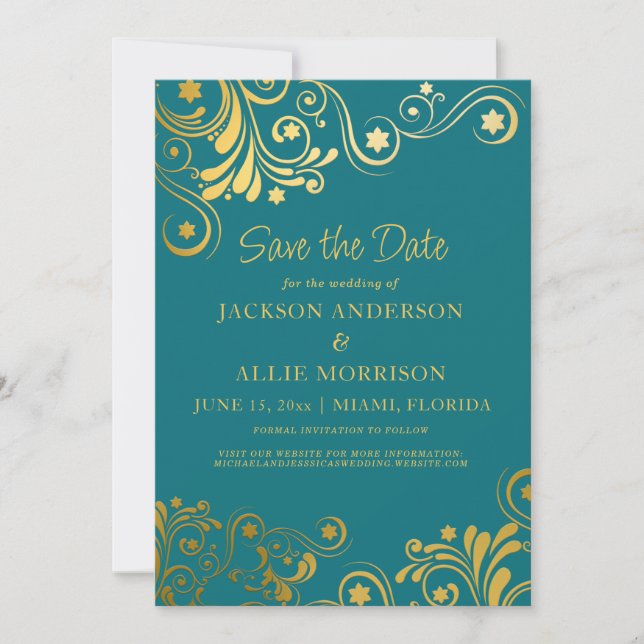 Bright Teal Gold Flourish Photo Wedding Save The Date (Front)