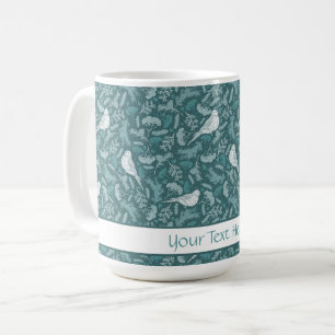 Bright Teal Green Winter White Bird Floral Pattern Coffee Mug