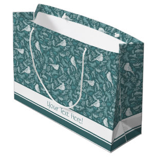 Bright Teal Green Winter White Bird Floral Pattern Large Gift Bag