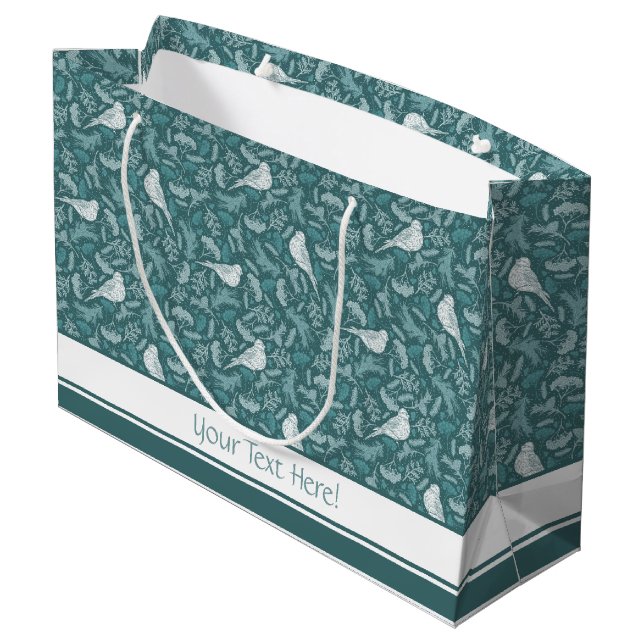 Bright Teal Green Winter White Bird Floral Pattern Large Gift Bag (Back Angled)