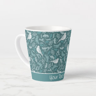 Bright Teal Green Winter White Bird Floral Pattern Latte Mug