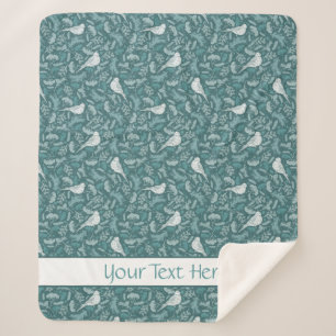 Bright Teal Green Winter White Bird Floral Pattern Sherpa Blanket
