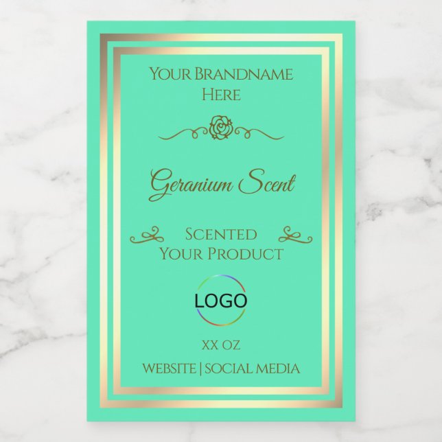 Bright Teal Product Label with Gold Frame and Logo (Single Label)