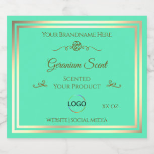 Bright Teal Product Label with Gold Frame and Logo