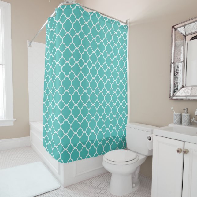 Bright Teal Quatrefoil Pattern Shower Curtain (In Situ)