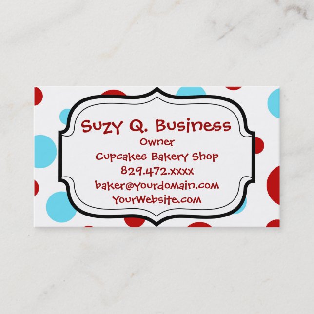 Bright Teal Turquoise Red White Polka Dots Pattern Business Card (Front)