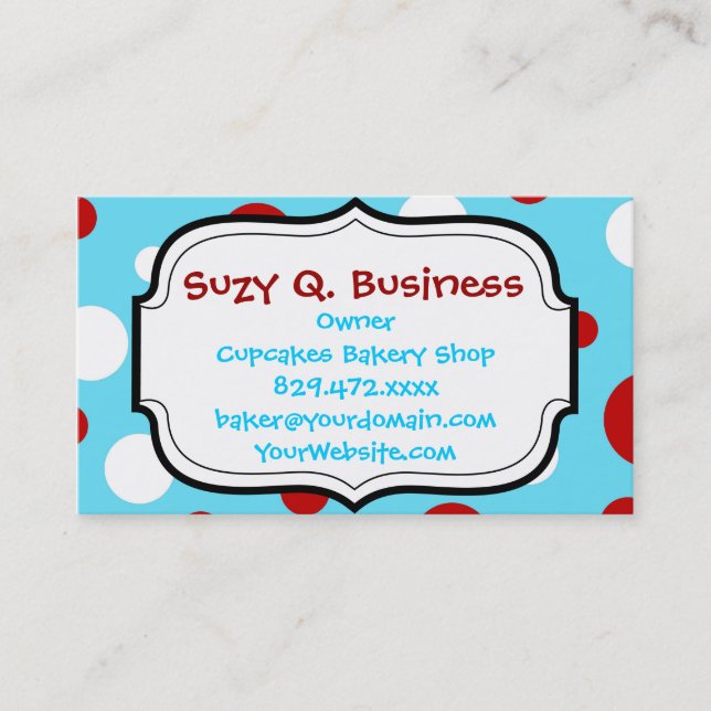 Bright Teal Turquoise Red White Polka Dots Pattern Business Card (Front)
