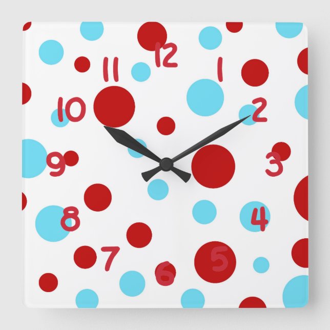 Bright Teal Turquoise Red White Polka Dots Pattern Square Wall Clock (Front)
