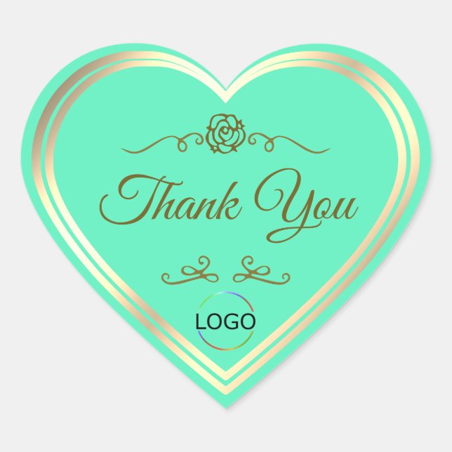Bright Teal with Gold Frame and Logo Thank You Heart Sticker (Front)