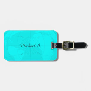 Bright Teal World Map with Compass Rose Monogram Luggage Tag