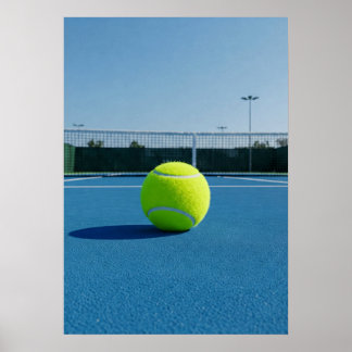 Bright Tennis Ball on Blue Court View Poster