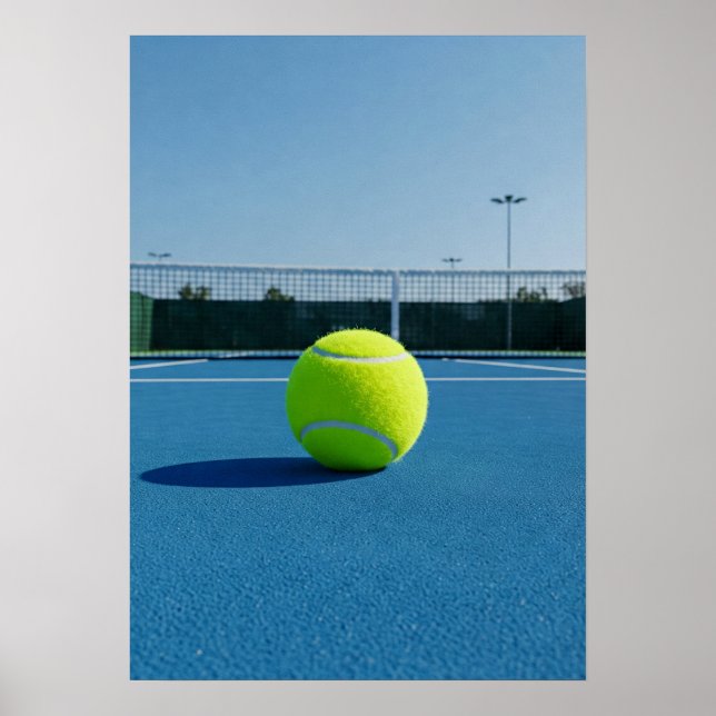 Bright Tennis Ball on Blue Court View Poster (Front)