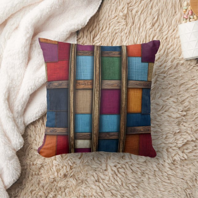 Bright textiles on rustic wood cushion (Blanket)