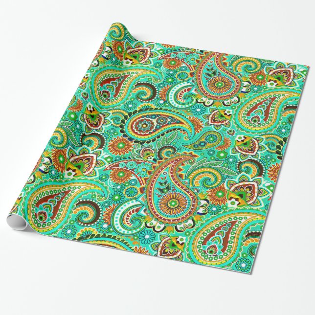 Bright Tones Colourful Retro Paisley Wrapping Paper (Unrolled)