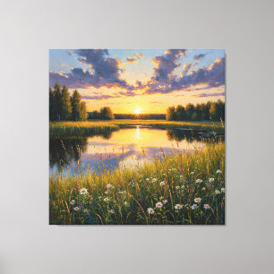 Bright Tranquil Sunset Over a Serene Lake Canvas Print