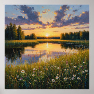 Bright Tranquil Sunset Over a Serene Lake Poster
