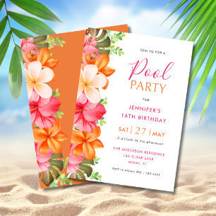 Bright Tropical Floral Birthday Pool Party Invitation