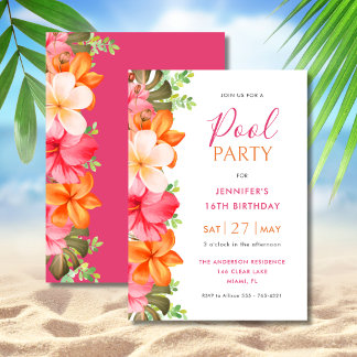 Bright Tropical Floral Birthday Pool Party Pink Invitation