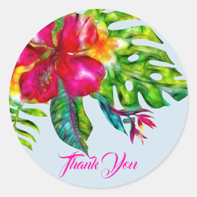 Bright Tropical Floral Hibiscus & Leaves Favour Classic Round Sticker (Front)