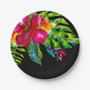 Bright Tropical Floral Hibiscus Leaves Luau Party Paper Plate