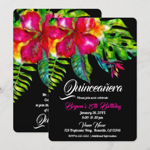 Bright Tropical Floral Hibiscus Leaves Quinceañera Invitation
