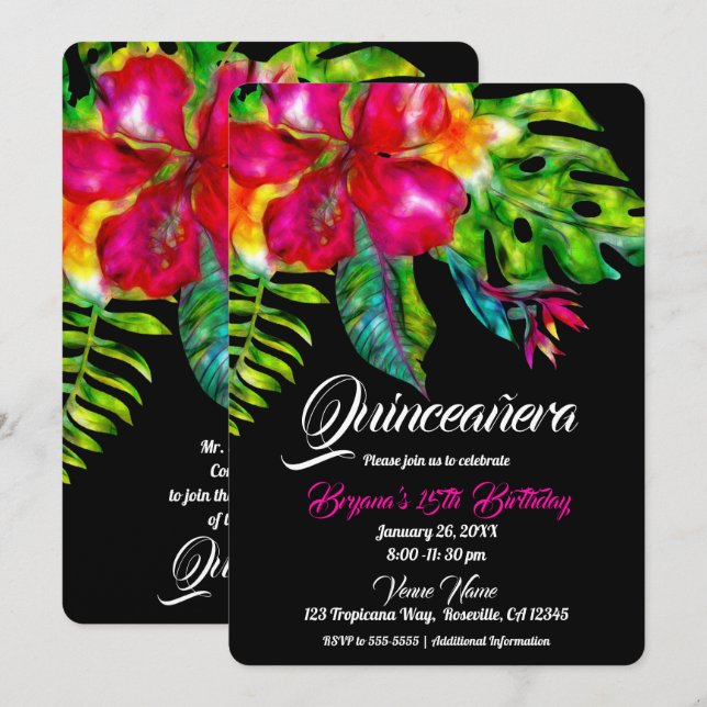 Bright Tropical Floral Hibiscus Leaves Quinceañera Invitation (Front/Back)