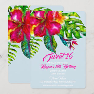 Bright Tropical Floral Hibiscus & Leaves Sweet 16 Invitation