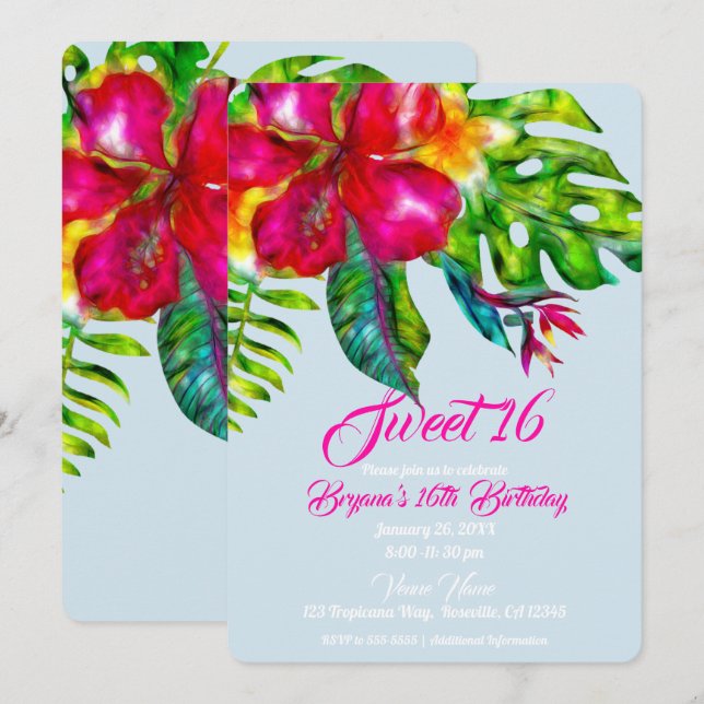 Bright Tropical Floral Hibiscus & Leaves Sweet 16 Invitation (Front/Back)